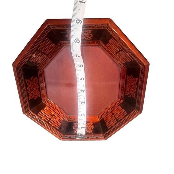 Set  Vintage‎ Asian Red Hand Carved Wooden Lacquerware Octagonal Decorative Tray - Picture 11 of 15